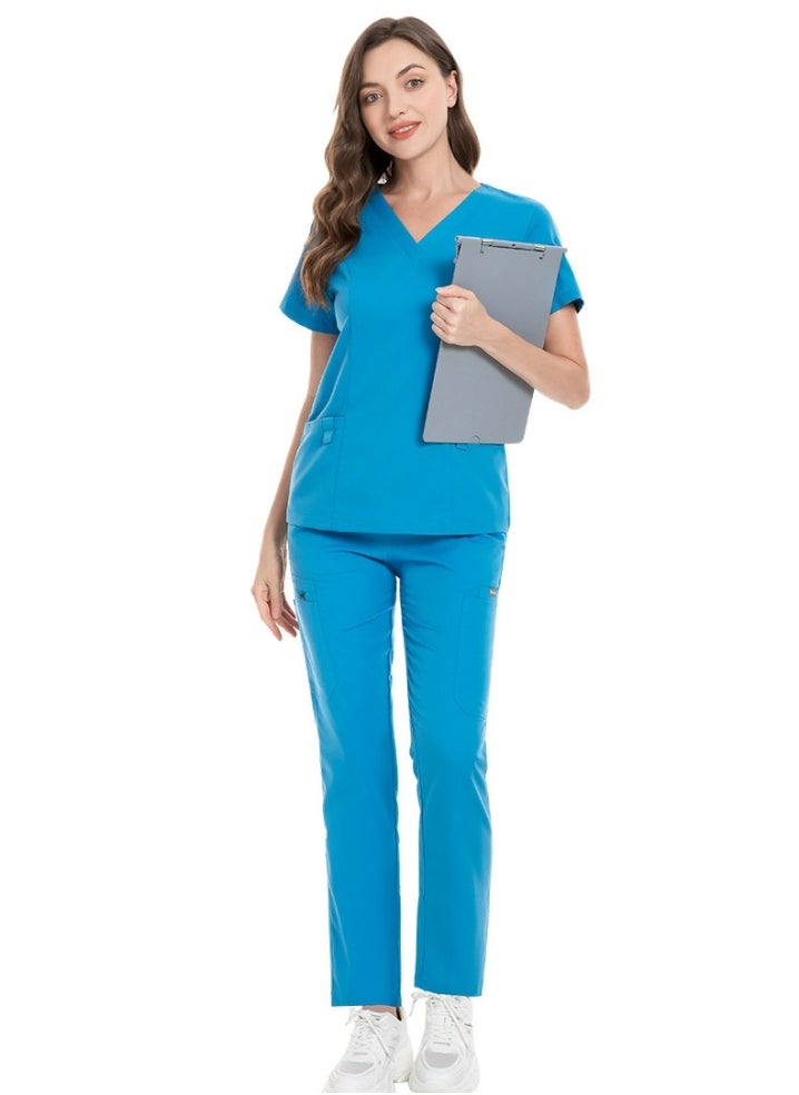 Unisex Fashion Medical Uniform Scrubs 2 Piece Set V-Neck Top and Pants Suit Blue