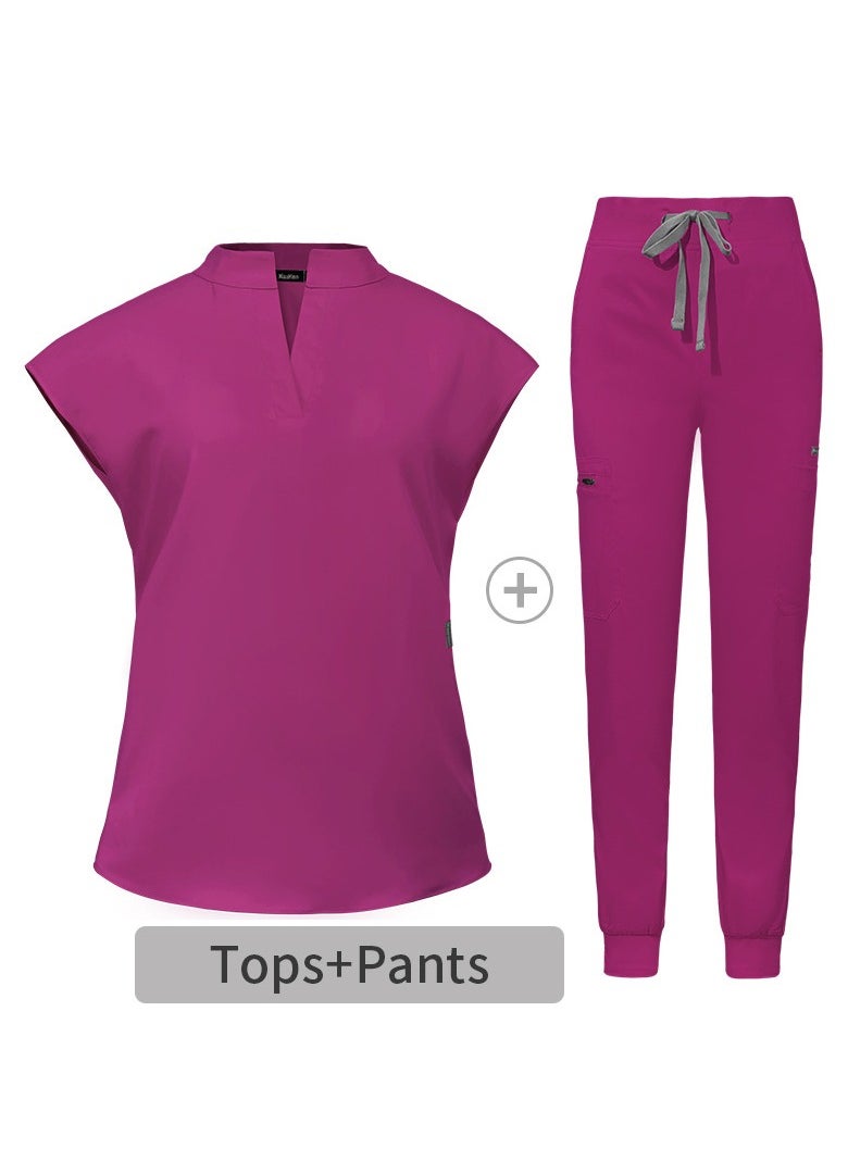 Womens Medical Uniform Scrubs 2 Piece Set V-Neck Top and Elastic Waist Jogger Pants Suit Rose Pink