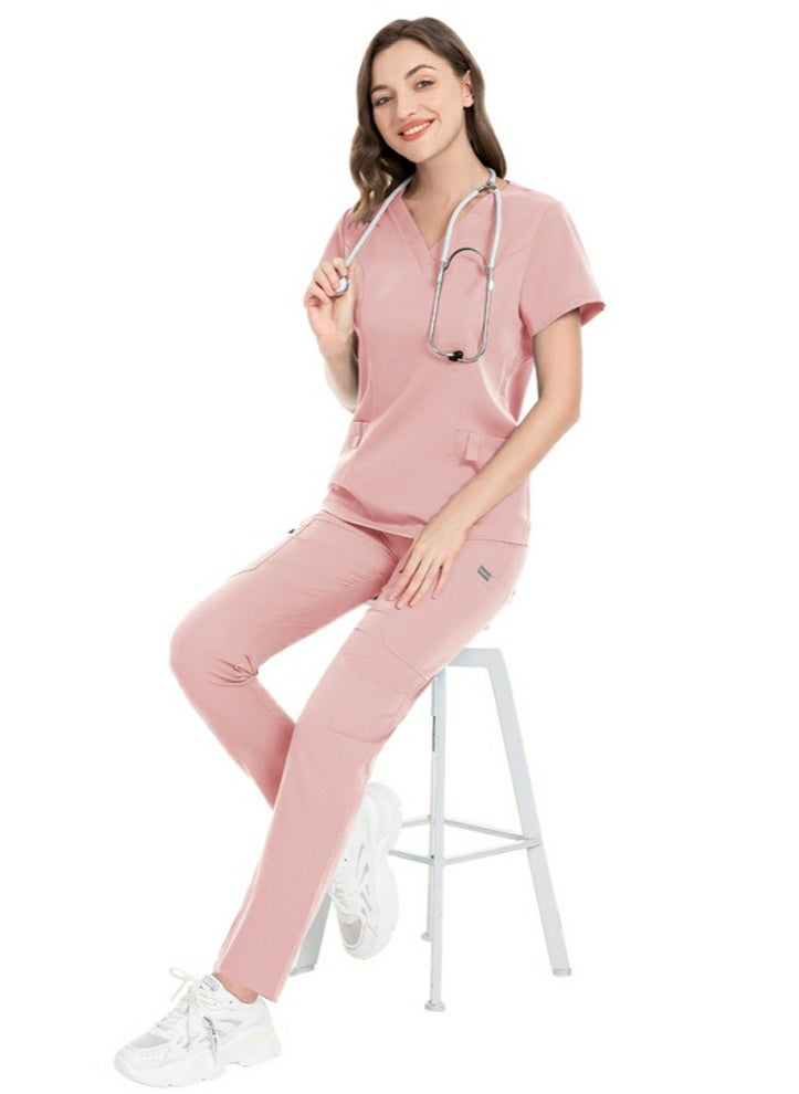 Unisex Fashion Medical Uniform Scrubs 2 Piece Set V-Neck Top and Pants Suit Pink