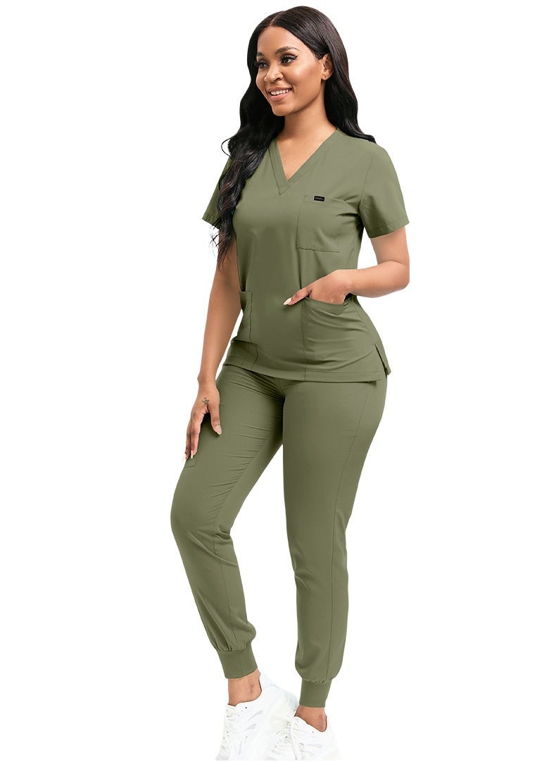 Medical Uniform Scrubs 2 Piece Set V-Neck Top and Elastic Waist Jogger Pants Suit Olive Green