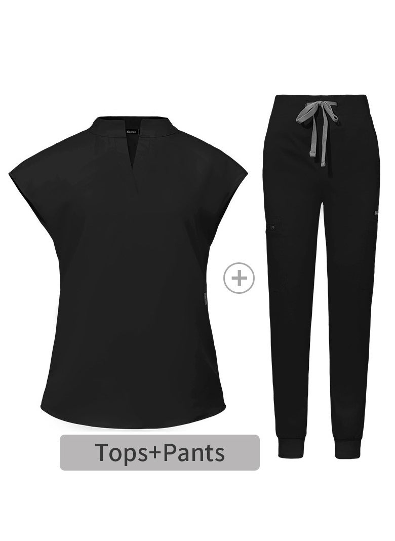 Womens Medical Uniform Scrubs 2 Piece Set V-Neck Top and Elastic Waist Jogger Pants Suit Black