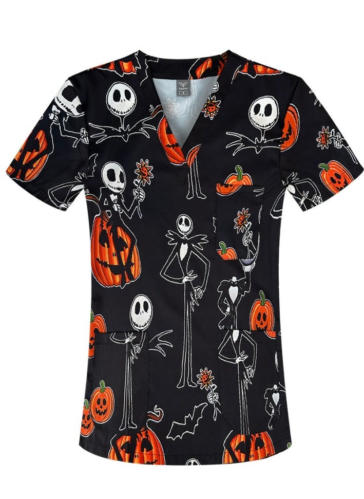 Unisex Printed V-Neck Medical Uniform Scrubs Top Comfty Soft Workwear