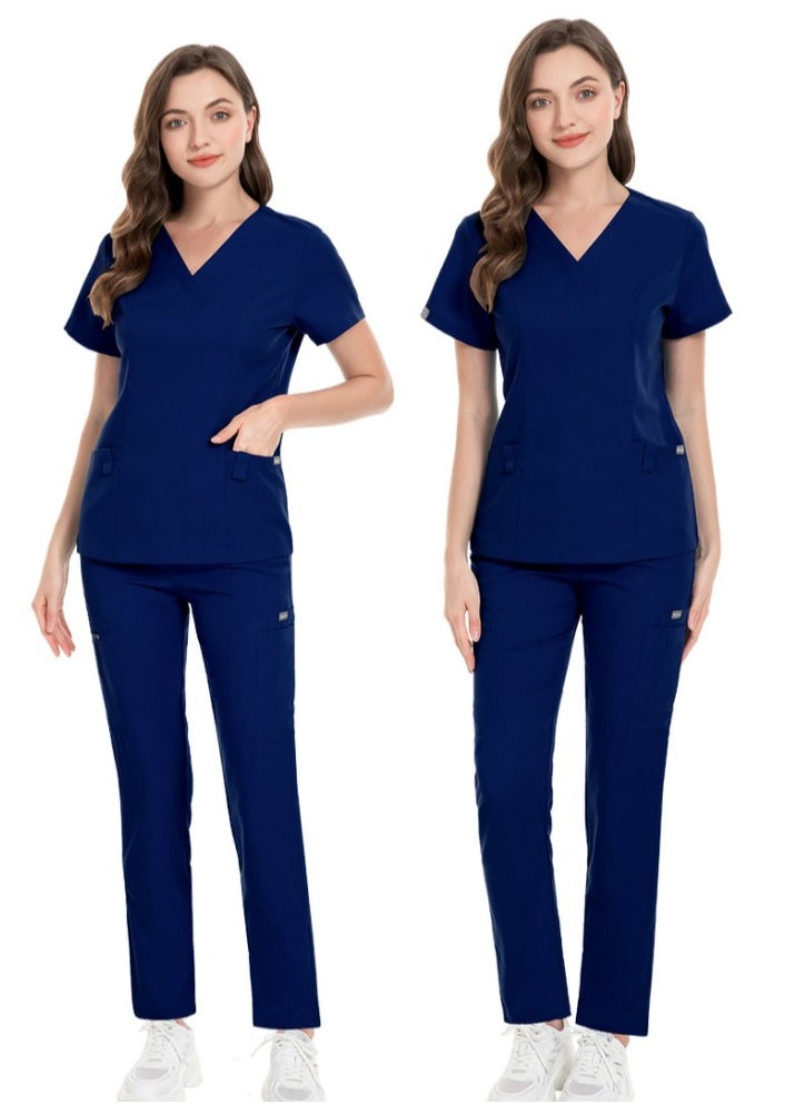 Unisex Fashion Medical Uniform Scrubs 2 Piece Set V-Neck Top and Pants Suit Navy Blue