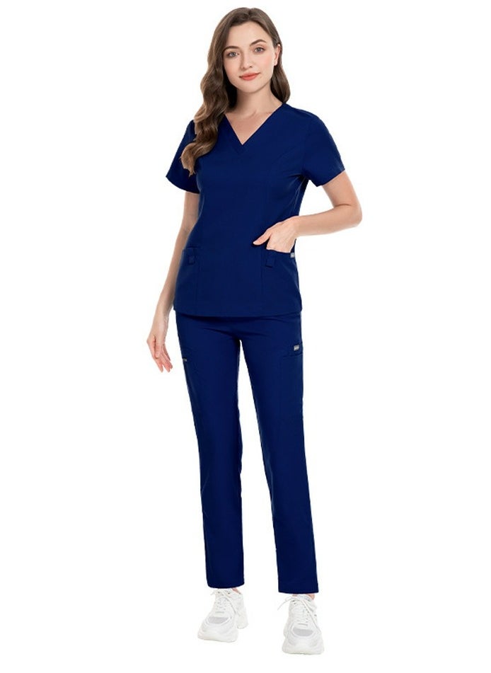 Unisex Fashion Medical Uniform Scrubs 2 Piece Set V-Neck Top and Pants Suit Navy Blue