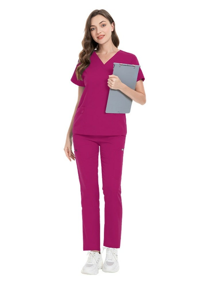 Unisex Fashion Medical Uniform Scrubs 2 Piece Set V-Neck Top and Pants Suit Rose Pink
