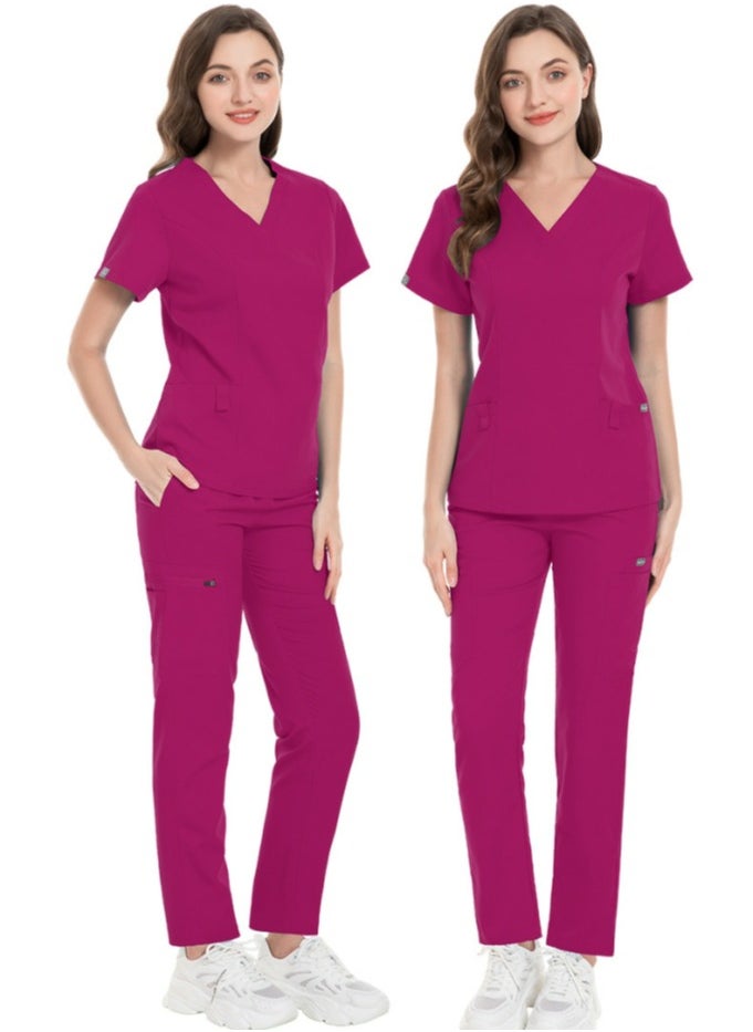 Unisex Fashion Medical Uniform Scrubs 2 Piece Set V-Neck Top and Pants Suit Rose Pink