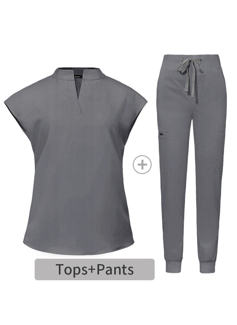 Womens Medical Uniform Scrubs 2 Piece Set V-Neck Top and Elastic Waist Jogger Pants Suit Grey