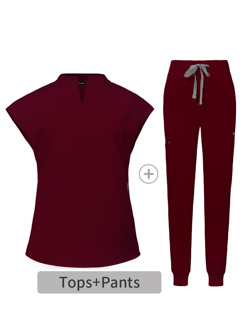 Womens Medical Uniform Scrubs 2 Piece Set V-Neck Top and Elastic Waist Jogger Pants Suit Wine Red