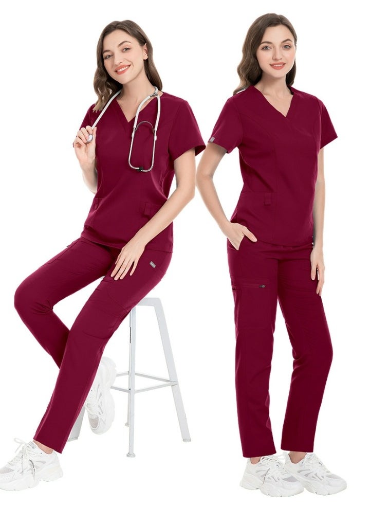 Unisex Fashion Medical Uniform Scrubs 2 Piece Set V-Neck Top and Pants Suit Wine Red