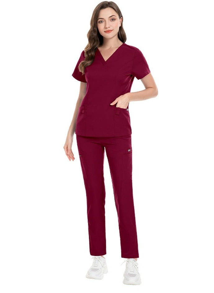 Unisex Fashion Medical Uniform Scrubs 2 Piece Set V-Neck Top and Pants Suit Wine Red