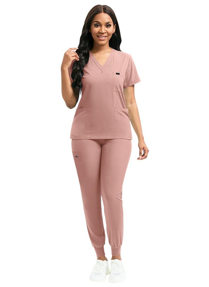 Medical Uniform Scrubs 2 Piece Set V-Neck Top and Elastic Waist Jogger Pants Suit Dusty Pink