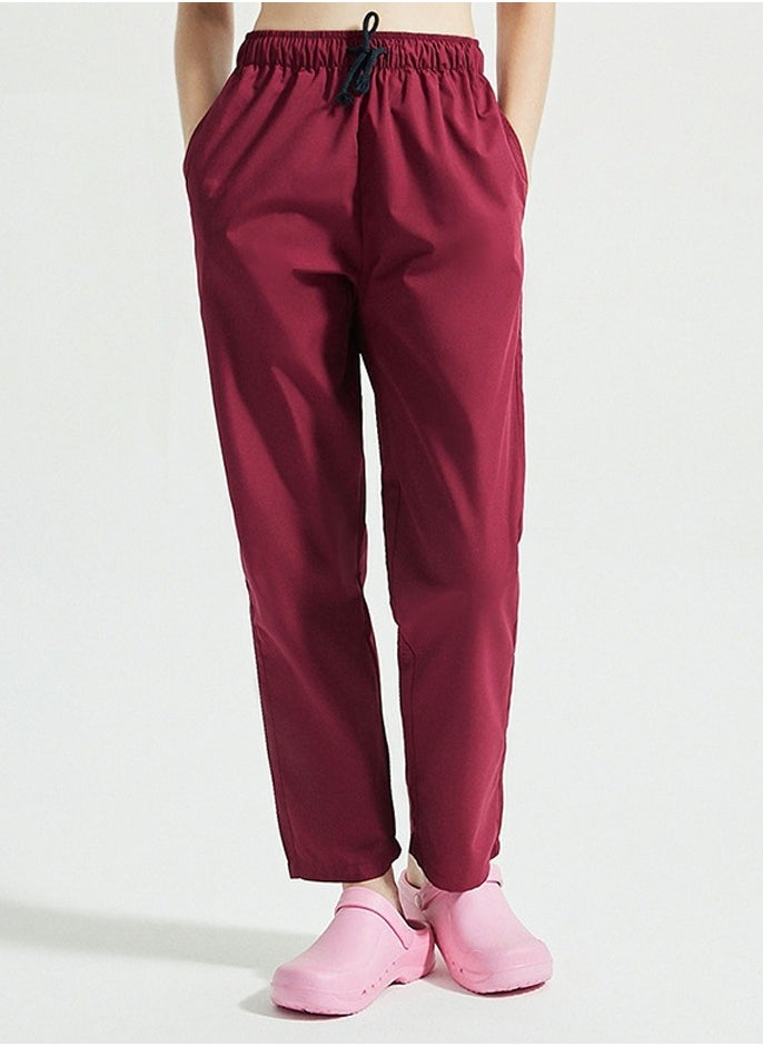 Medical Uniform Scrubs Pants Unisex Elastic Waist Pants Workwear Wine Red