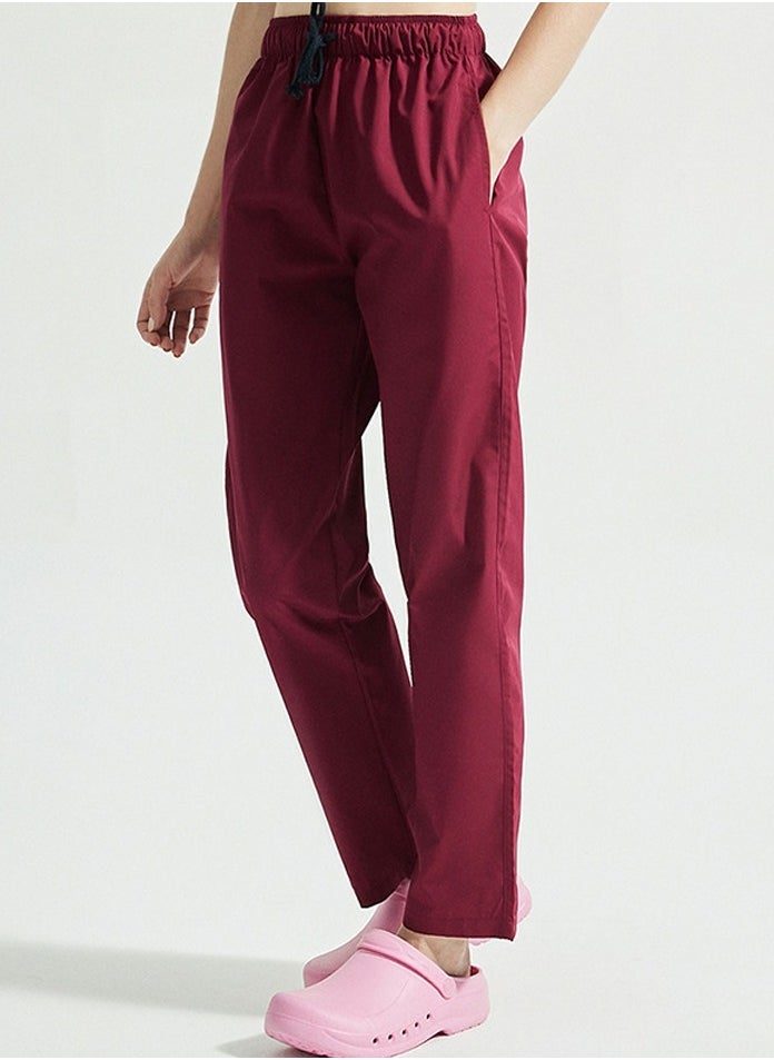 Medical Uniform Scrubs Pants Unisex Elastic Waist Pants Workwear Wine Red