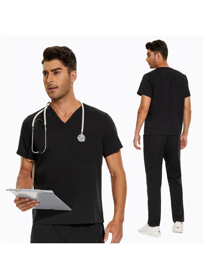 Medical Uniform Scrubs 2 Piece Set V-Neck Top and Elastic Waist Pants Suit Black