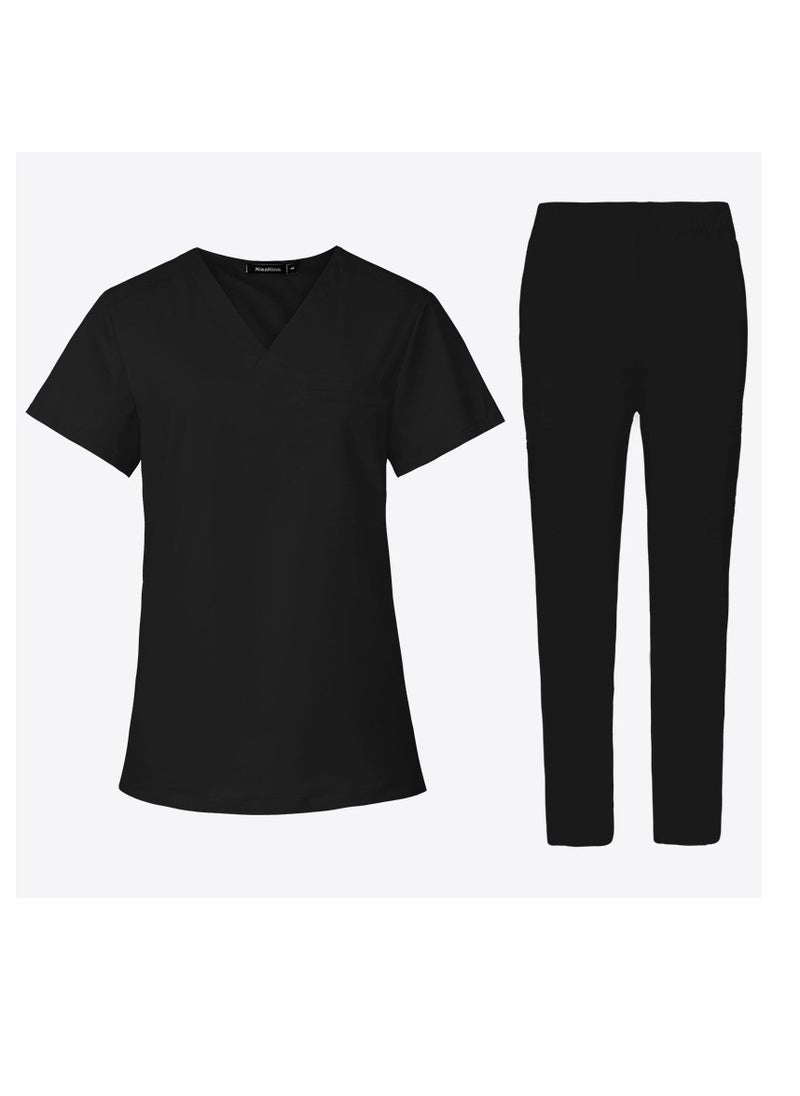 Medical Uniform Scrubs 2 Piece Set V-Neck Top and Elastic Waist Pants Suit Black