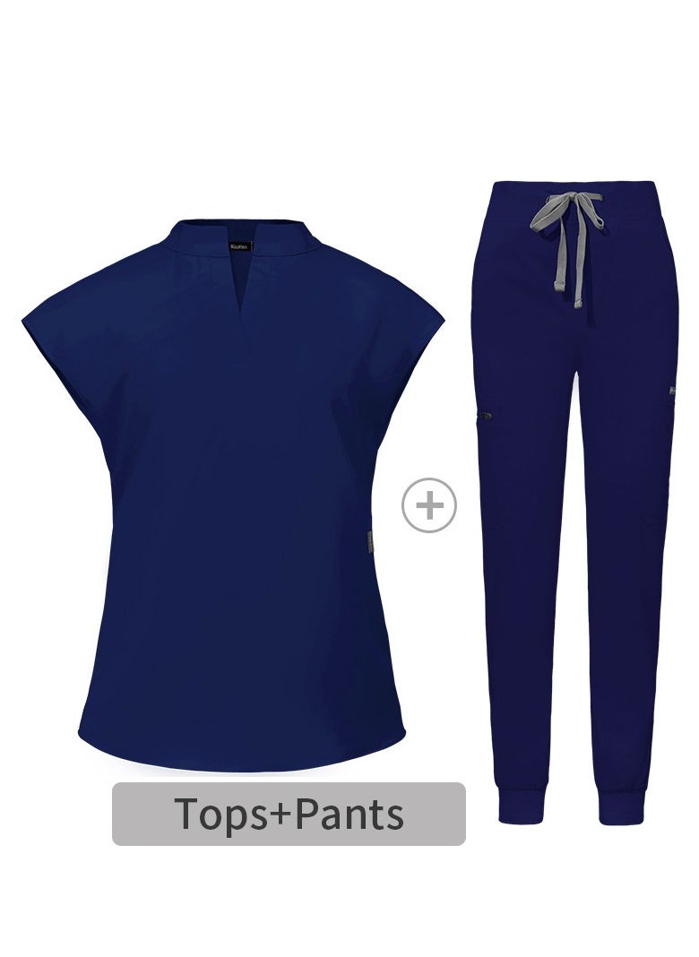 Womens Medical Uniform Scrubs 2 Piece Set V-Neck Top and Elastic Waist Jogger Pants Suit Navy Blue