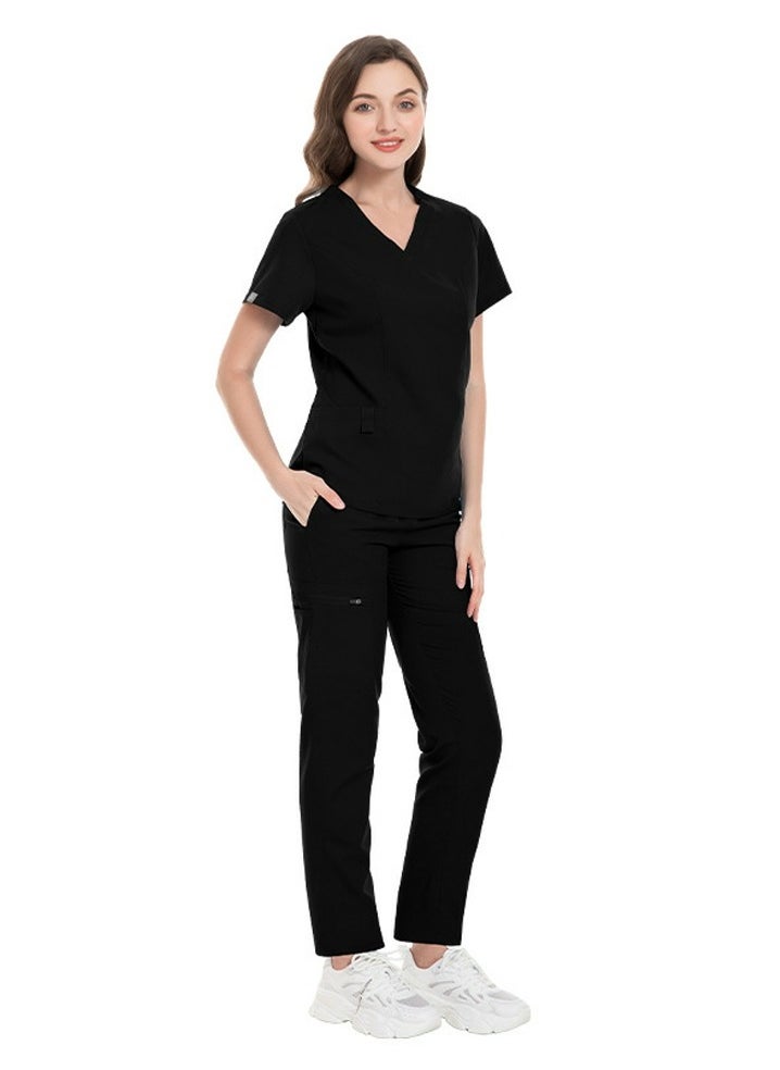 Unisex Fashion Medical Uniform Scrubs 2 Piece Set V-Neck Top and Pants Suit Black