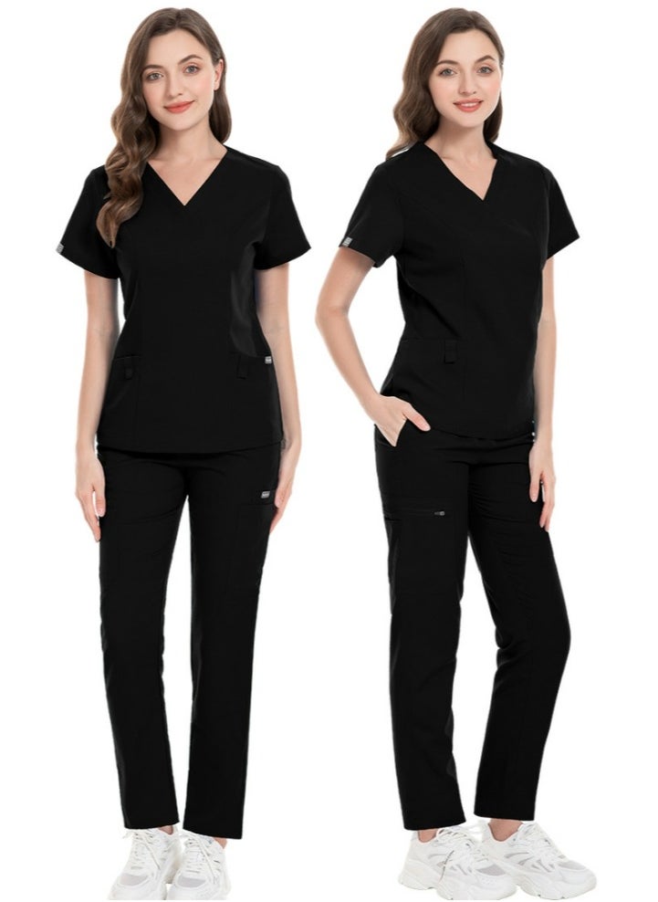 Unisex Fashion Medical Uniform Scrubs 2 Piece Set V-Neck Top and Pants Suit Black