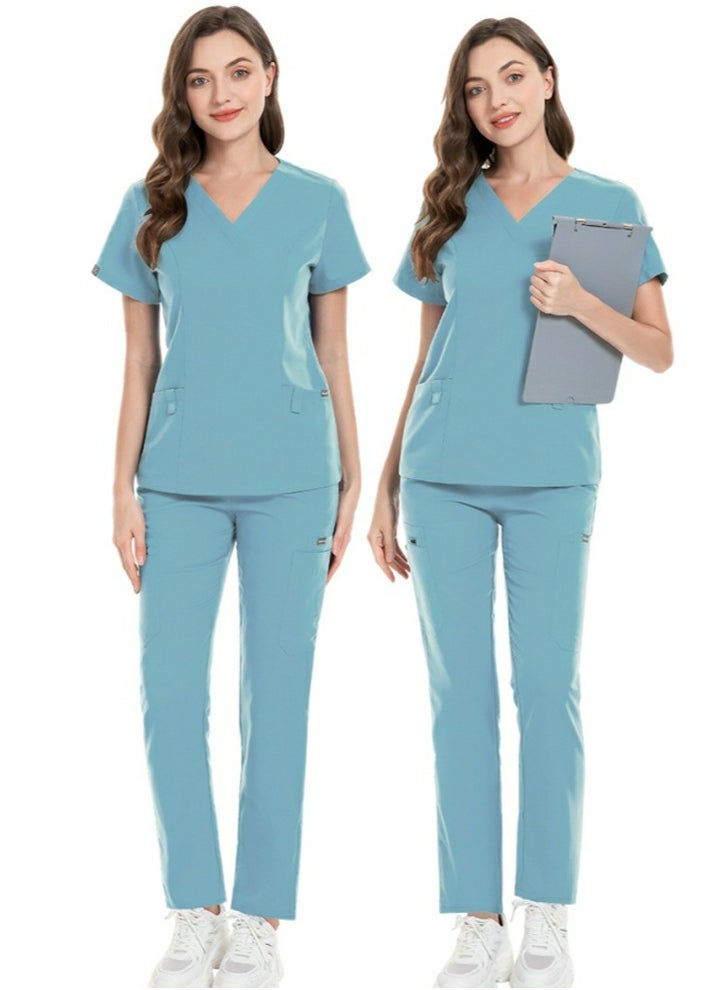 Unisex Fashion Medical Uniform Scrubs 2 Piece Set V-Neck Top and Pants Suit Light Blue