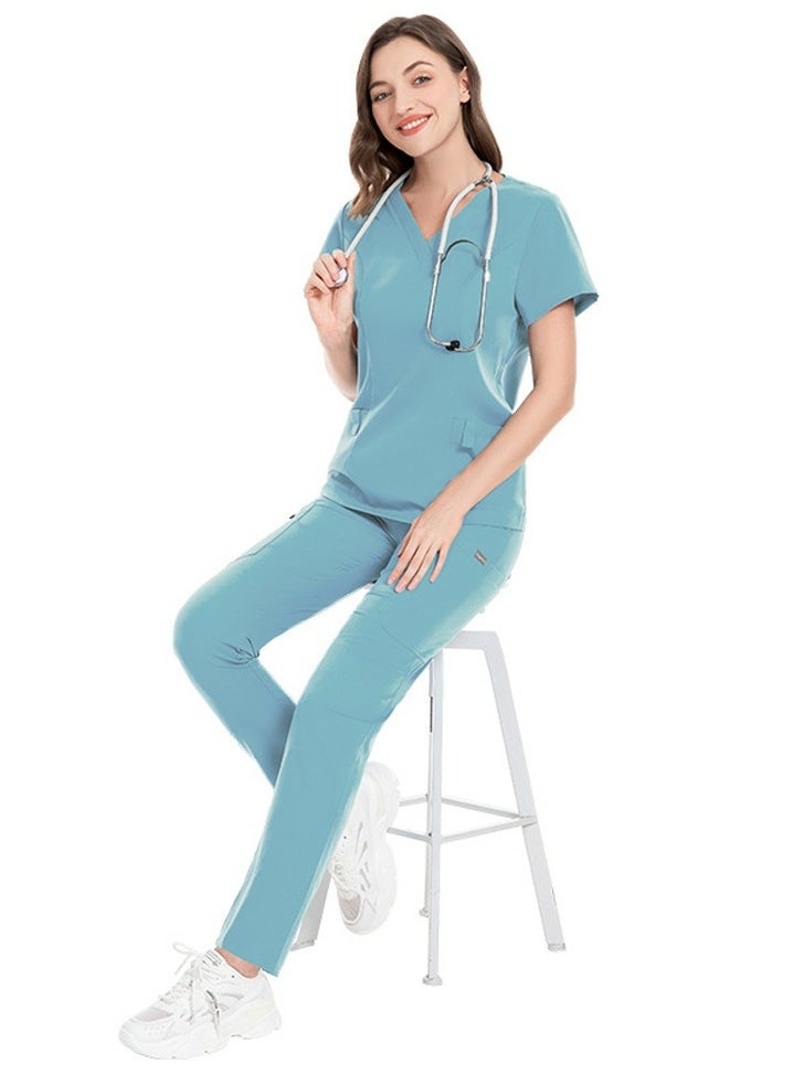 Unisex Fashion Medical Uniform Scrubs 2 Piece Set V-Neck Top and Pants Suit Light Blue