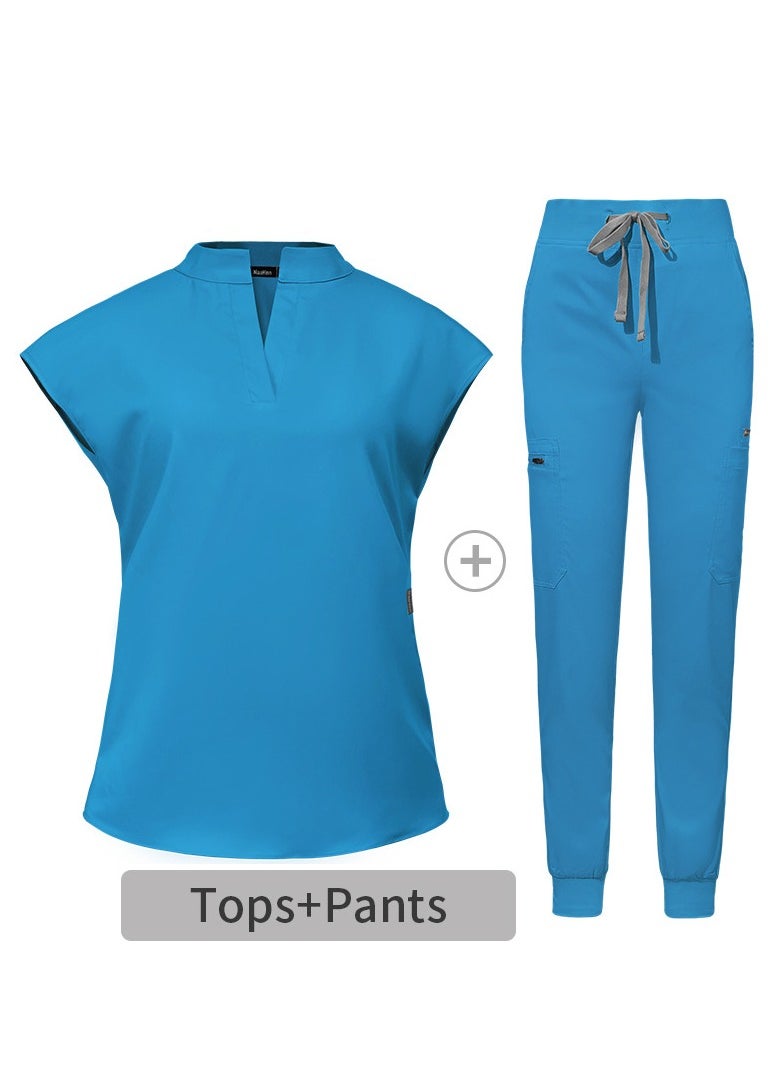 Womens Medical Uniform Scrubs 2 Piece Set V-Neck Top and Elastic Waist Jogger Pants Suit Blue