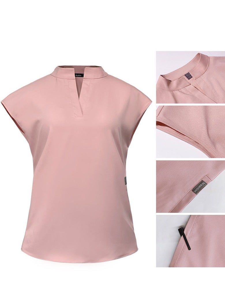 Womens Medical Uniform Scrubs 2 Piece Set V-Neck Top and Elastic Waist Jogger Pants Suit Pink