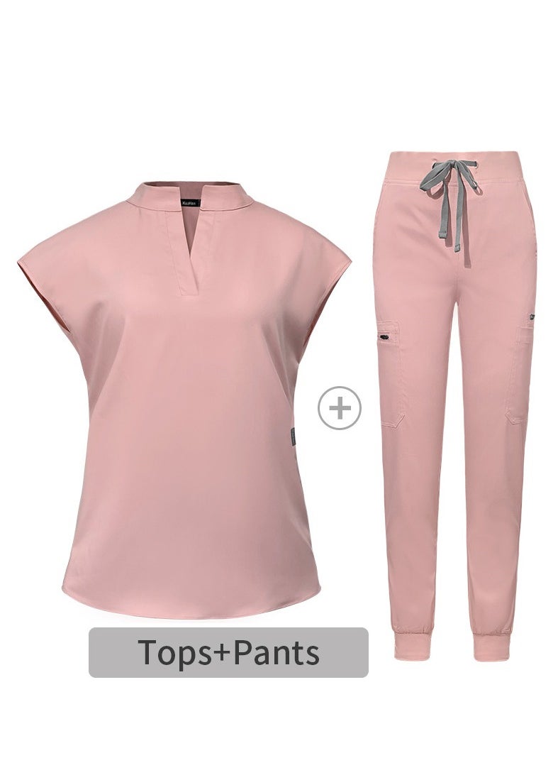 Womens Medical Uniform Scrubs 2 Piece Set V-Neck Top and Elastic Waist Jogger Pants Suit Pink