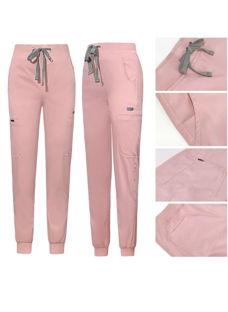 Womens Medical Uniform Scrubs 2 Piece Set V-Neck Top and Elastic Waist Jogger Pants Suit Pink