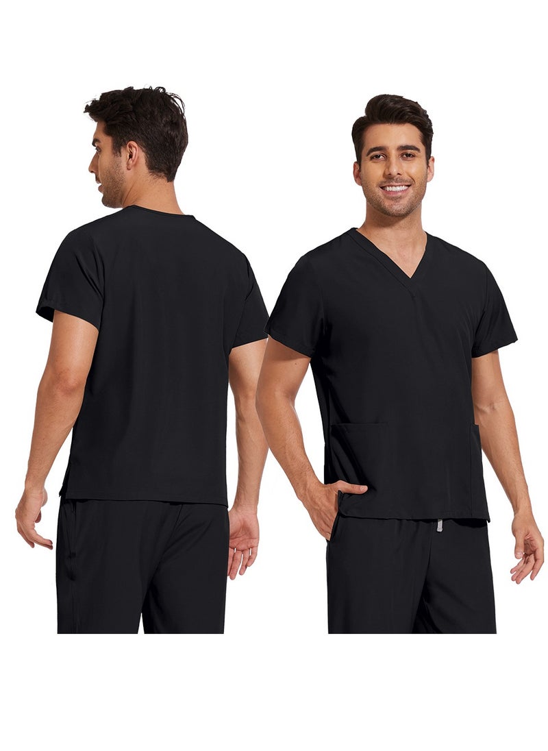 Unisex Medical Uniform Scrubs 2 Piece Set V-Neck Top and Elastic Waist Pants Suit Black