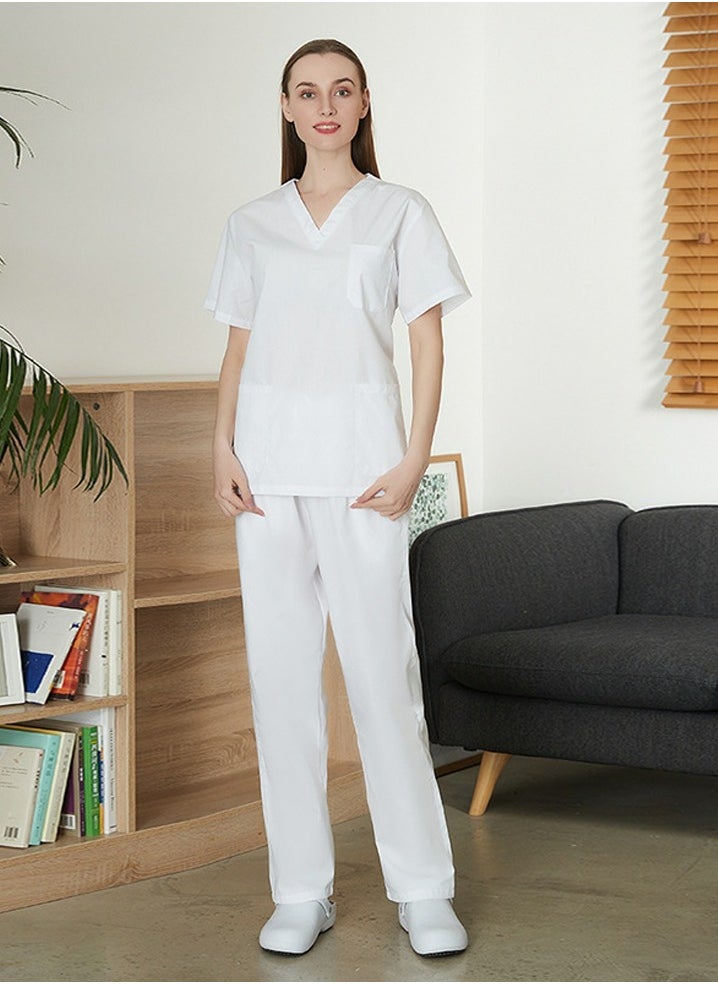 Medical Uniform Scrubs 2 Piece Set V-Neck Top and Elastic Waist Straight Pants Suit White