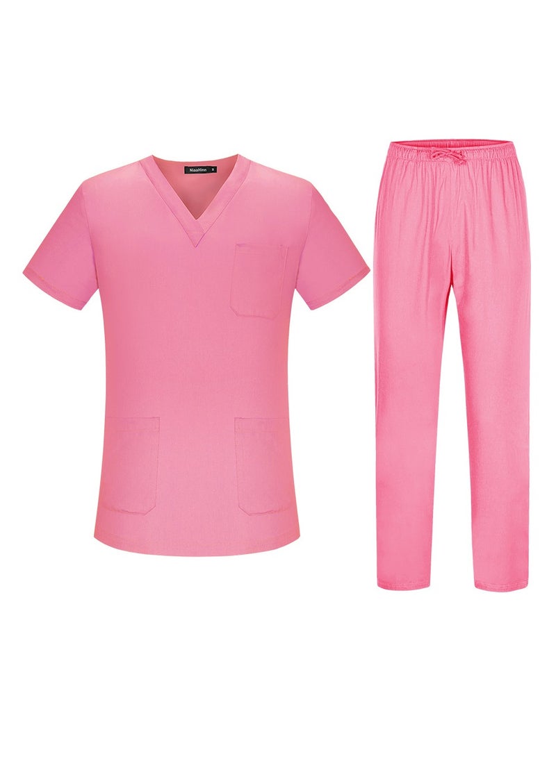 Unisex Loose Medical Uniform Scrubs 2 Piece Set V-Neck Top and Elastic Waist Pants Suit Dark Pink