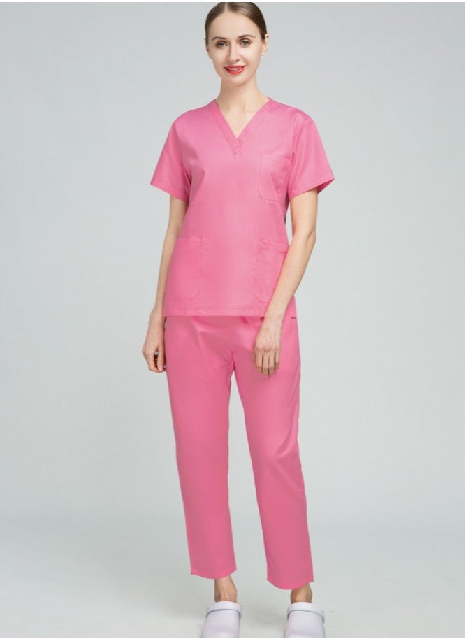 Unisex Loose Medical Uniform Scrubs 2 Piece Set V-Neck Top and Elastic Waist Pants Suit Dark Pink