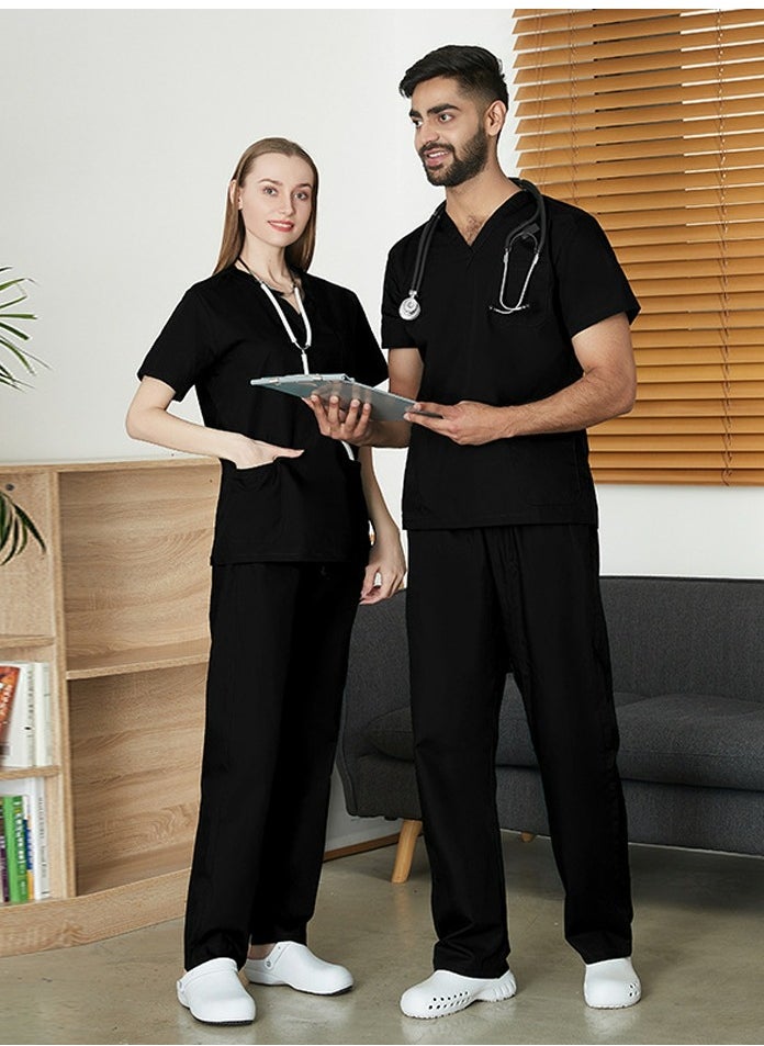 Medical Uniform Scrubs 2 Piece Set V-Neck Top and Elastic Waist Straight Pants Suit Black