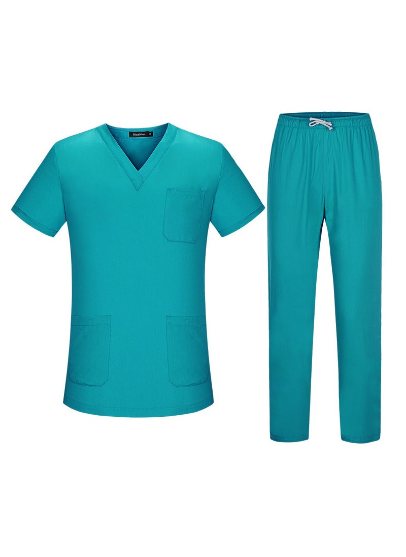 Unisex Loose Medical Uniform Scrubs 2 Piece Set V-Neck Top and Elastic Waist Pants Suit Lake Blue