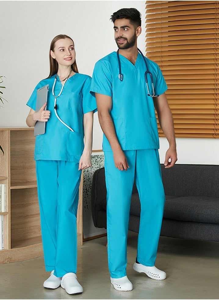 Unisex Loose Medical Uniform Scrubs 2 Piece Set V-Neck Top and Elastic Waist Pants Suit Lake Blue