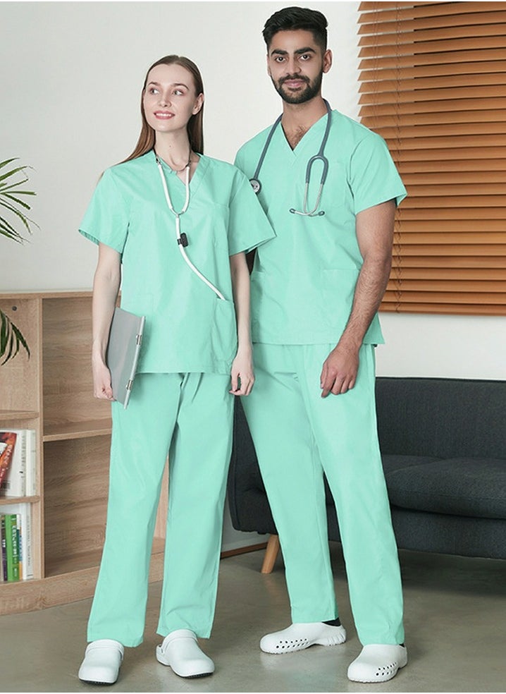 Unisex Loose Medical Uniform Scrubs 2 Piece Set V-Neck Top and Elastic Waist Pants Suit Light Green