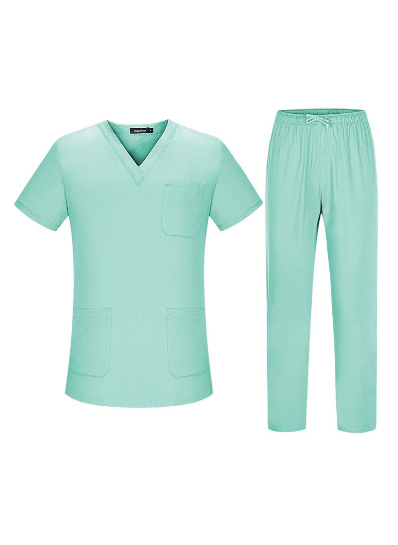 Unisex Loose Medical Uniform Scrubs 2 Piece Set V-Neck Top and Elastic Waist Pants Suit Light Green