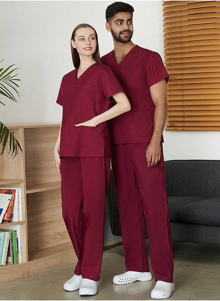 Unisex Loose Medical Uniform Scrubs 2 Piece Set V-Neck Top and Elastic Waist Pants Suit Wine Red