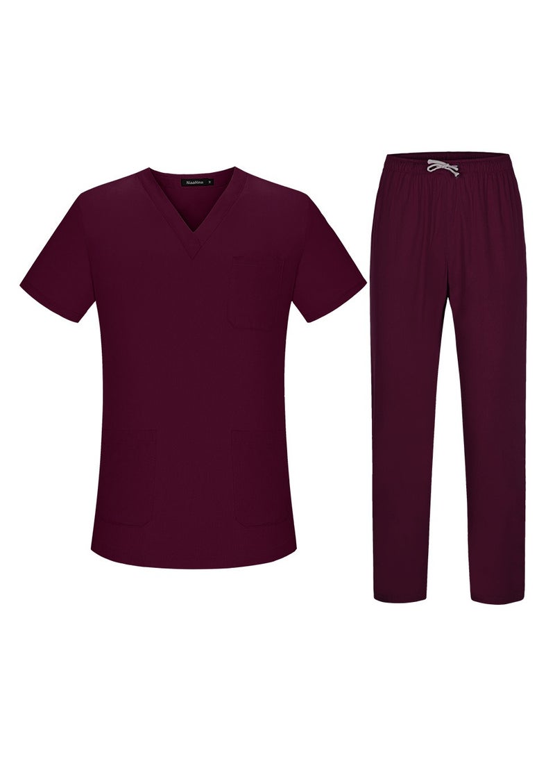 Unisex Loose Medical Uniform Scrubs 2 Piece Set V-Neck Top and Elastic Waist Pants Suit Wine Red