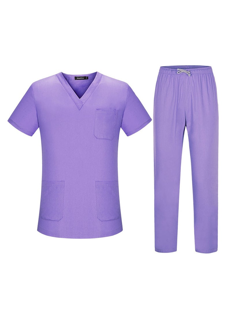 Unisex Loose Medical Uniform Scrubs 2 Piece Set V-Neck Top and Elastic Waist Pants Suit Purple