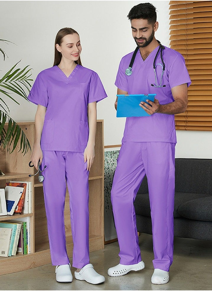 Unisex Loose Medical Uniform Scrubs 2 Piece Set V-Neck Top and Elastic Waist Pants Suit Purple