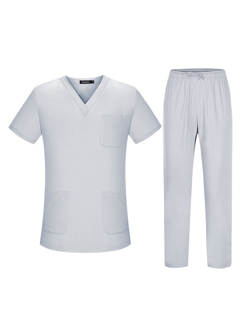 Unisex Loose Medical Uniform Scrubs 2 Piece Set V-Neck Top and Elastic Waist Pants Suit Grey