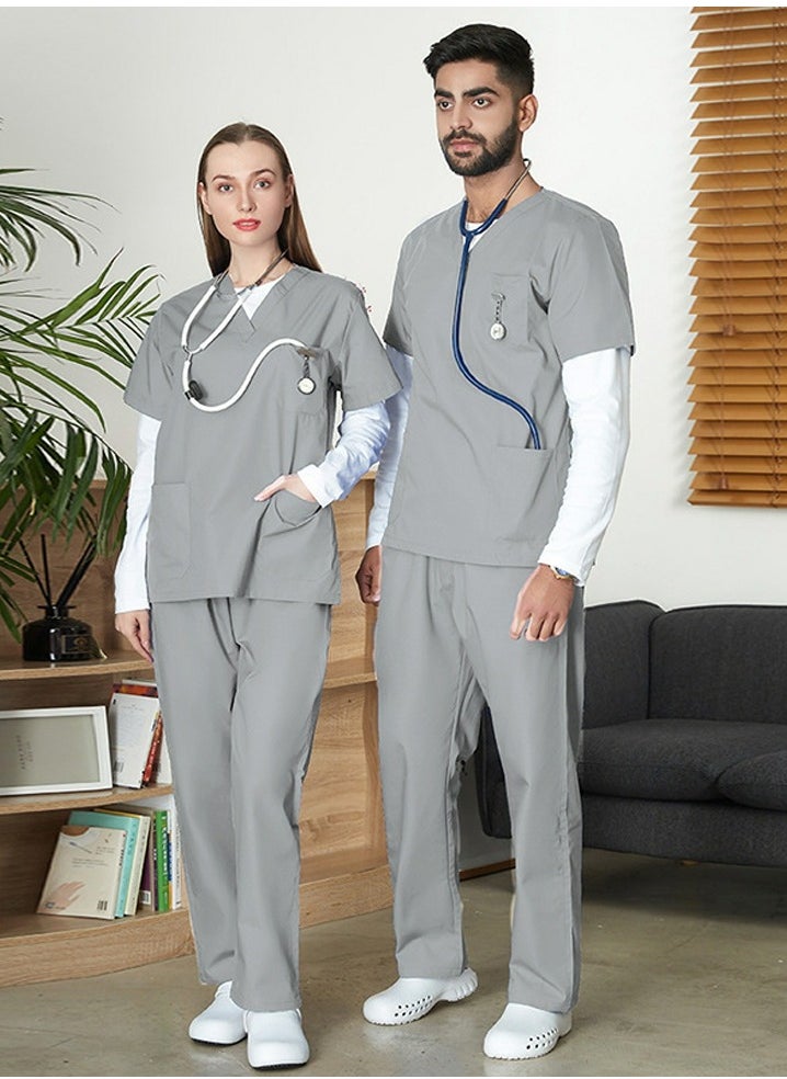 Unisex Loose Medical Uniform Scrubs 2 Piece Set V-Neck Top and Elastic Waist Pants Suit Grey