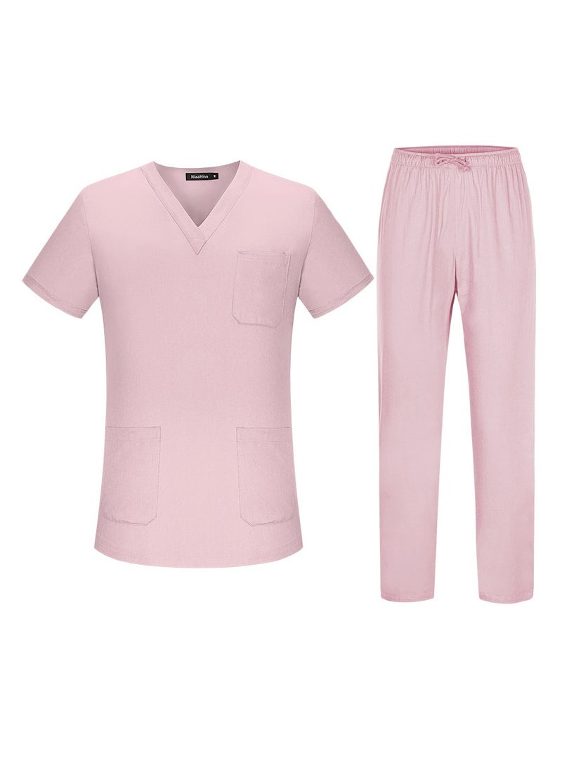 Unisex Loose Medical Uniform Scrubs 2 Piece Set V-Neck Top and Elastic Waist Pants Suit Light Pink