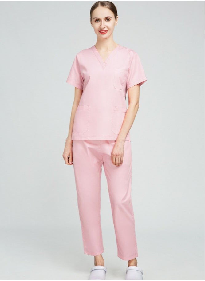 Unisex Loose Medical Uniform Scrubs 2 Piece Set V-Neck Top and Elastic Waist Pants Suit Light Pink