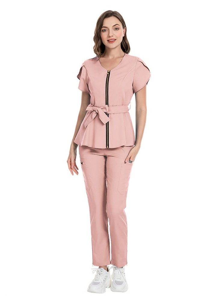 Womens Medical Uniform Scrubs 2 Piece Set Strap Up Waist Zipper Top and Elastic Waist Straight Pants Suit Pink