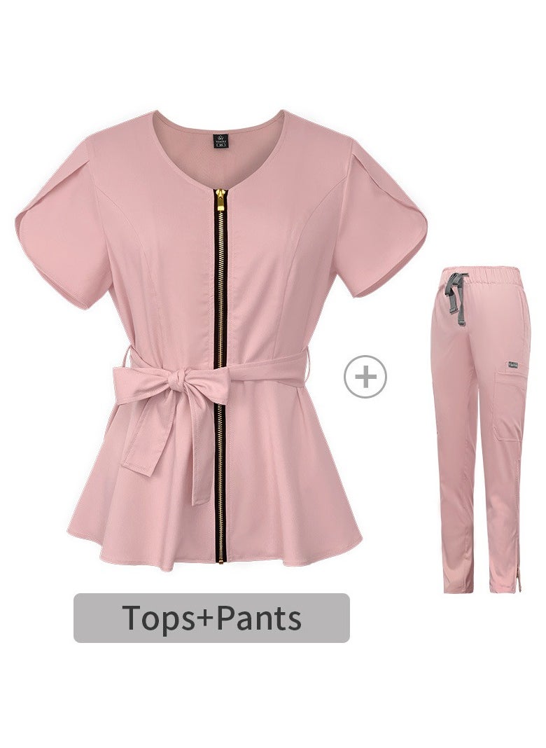 Womens Medical Uniform Scrubs 2 Piece Set Strap Up Waist Zipper Top and Elastic Waist Straight Pants Suit Pink