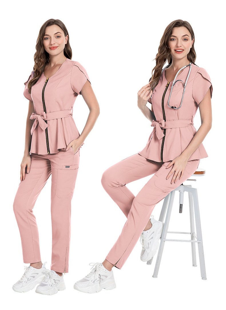 Womens Medical Uniform Scrubs 2 Piece Set Strap Up Waist Zipper Top and Elastic Waist Straight Pants Suit Pink