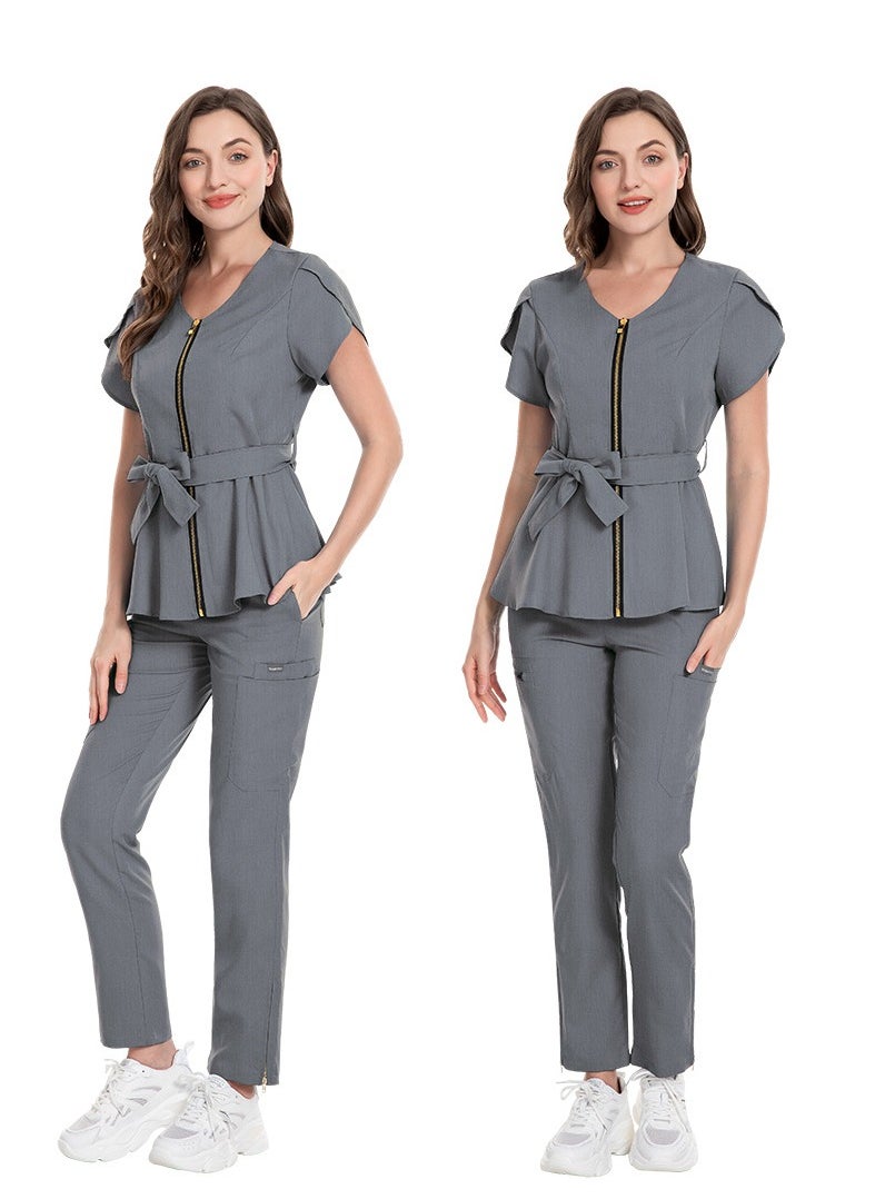 Womens Medical Uniform Scrubs 2 Piece Set Strap Up Waist Zipper Top and Elastic Waist Straight Pants Suit Grey