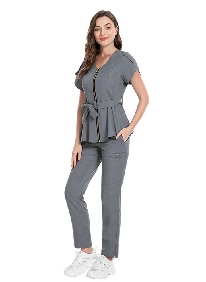 Womens Medical Uniform Scrubs 2 Piece Set Strap Up Waist Zipper Top and Elastic Waist Straight Pants Suit Grey